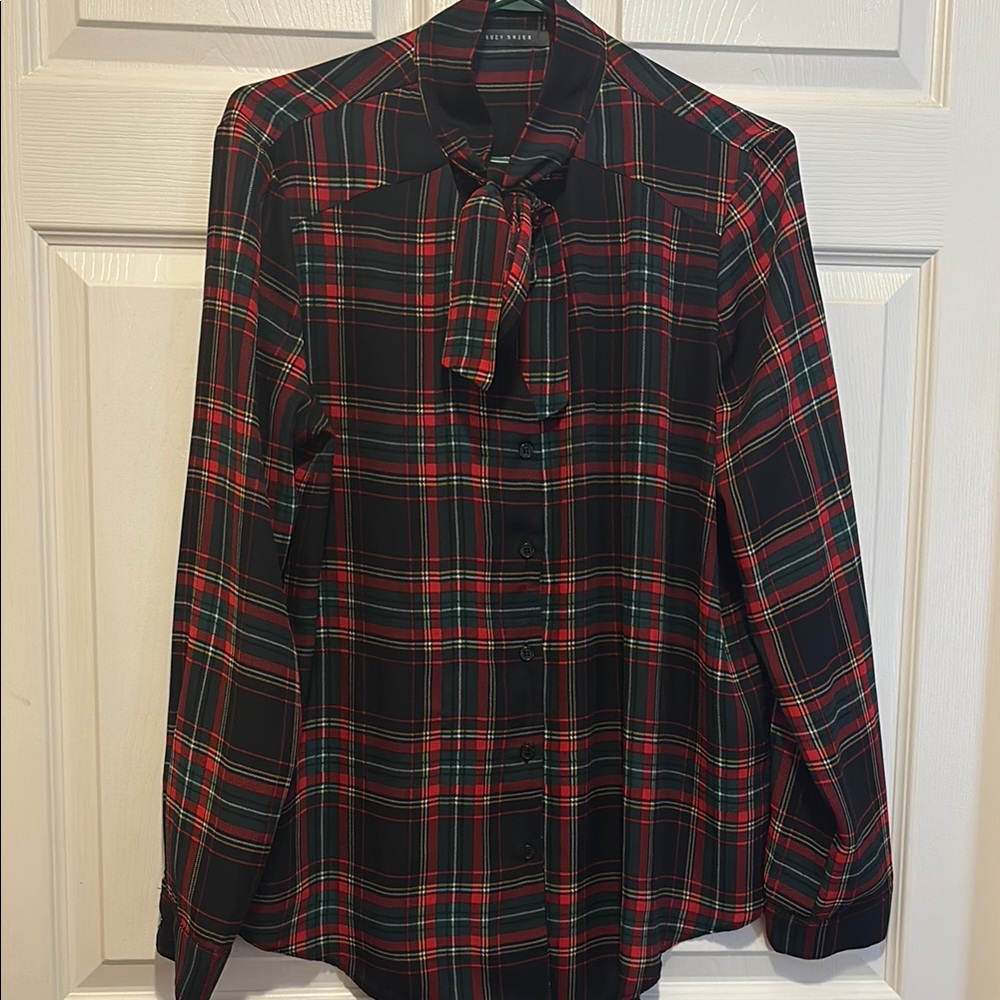Suzy Shier Plaid Blouse with Bow Tie